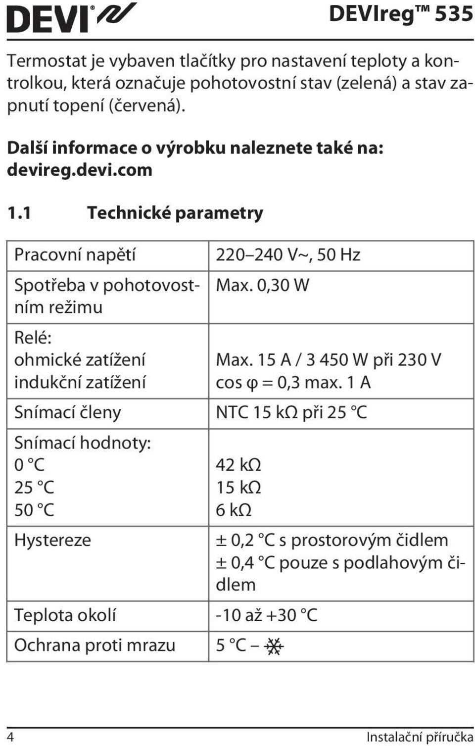 1 Technické parametry Pracovní napětí Spotřeba v pohotovostním režimu Relé: ohmické zatížení indukční zatížení 220 240 V~, 50 Hz Max. 0,30 W Max.