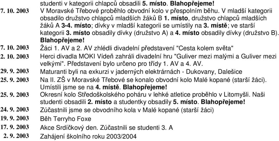 10. 2003 Žáci 1. AV a 2. AV zhlédli divadelní pedstavení "Cesta kolem svta" 2. 10. 2003 Herci divadla MOKI Víde zahráli divadelní hru "Guliver mezi malými a Guliver mezi velkými".