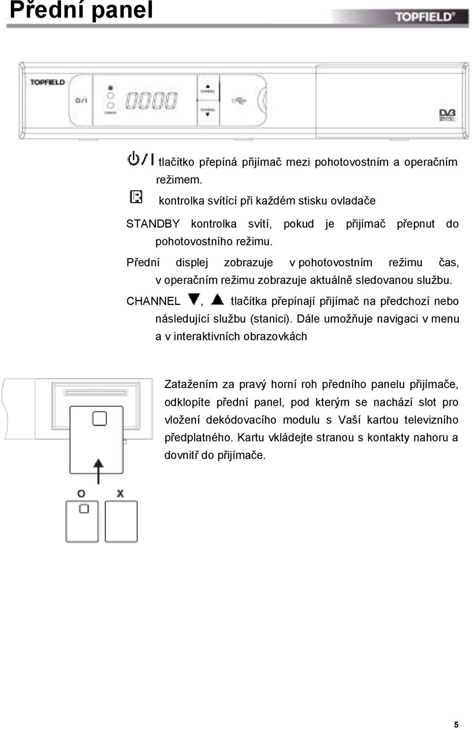 Přední displej zobrazuje v pohotovostním režimu čas, v operačním režimu zobrazuje aktuálně sledovanou službu.