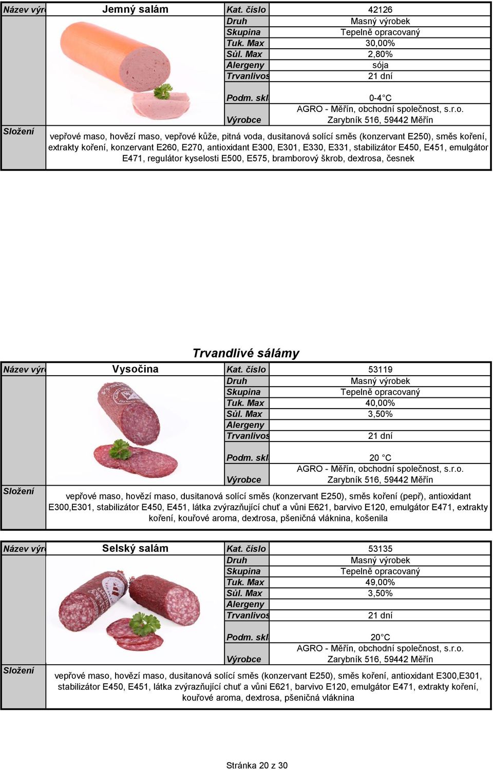 E330, E331, stabilizátor E450, E451, emulgátor E471, regulátor kyselosti E500, E575, bramborový škrob, dextrosa, česnek Trvandlivé sálámy Vysočina Kat.