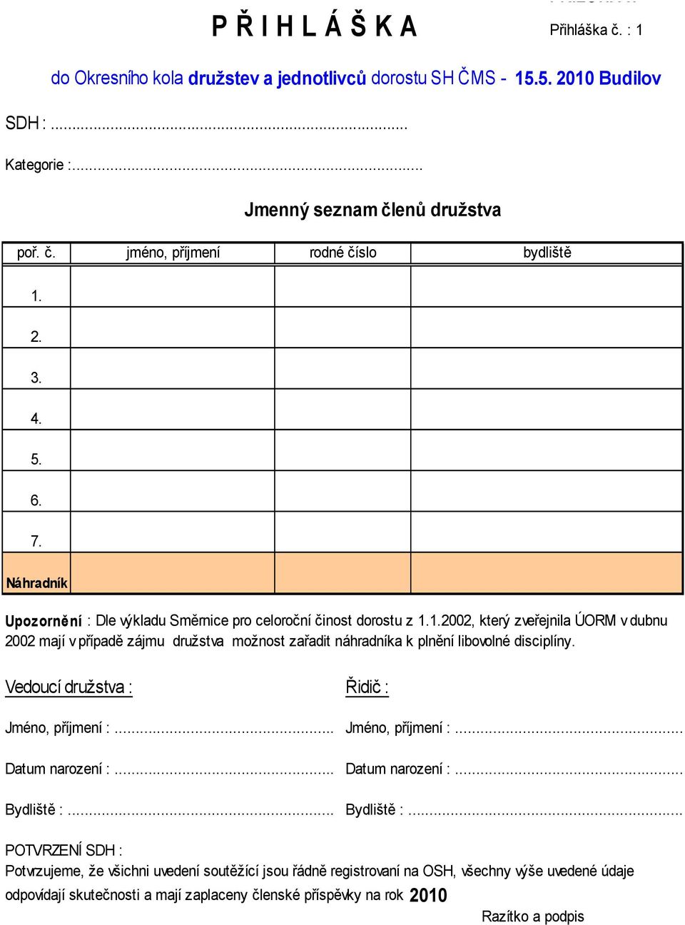 1.2002, který zveřejnila ÚORM v dubnu 2002 mají v případě zájmu družstva možnost zařadit náhradníka k plnění libovolné disciplíny. Vedoucí družstva : Řidič : Jméno, příjmení :... Jméno, příjmení :... Datum narození :.