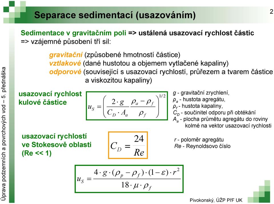 kulové částice u S u uszovcí rychlostí ve Stokesově oblsti (Re << 1) S 2 g CD A 24 C D = Re f f f 1/ 2 4 g ( p f ) (1 ) r 18 g - grvitční zrychlení, ρ - hustot