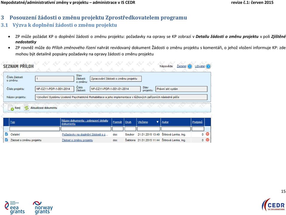 se KP zobrazí v Detailu žádosti o změnu projektu v poli Zjištěné nedostatky ZP rovněž může do Příloh změnového řízení