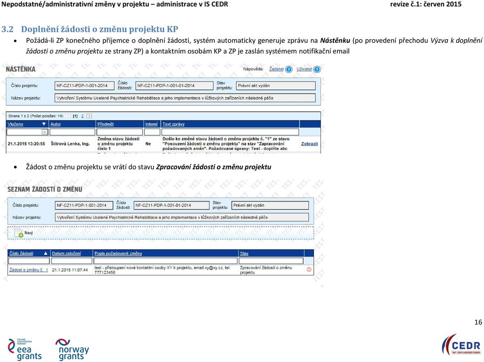 doplnění žádosti o změnu projektu ze strany ZP) a kontaktním osobám KP a ZP je zaslán