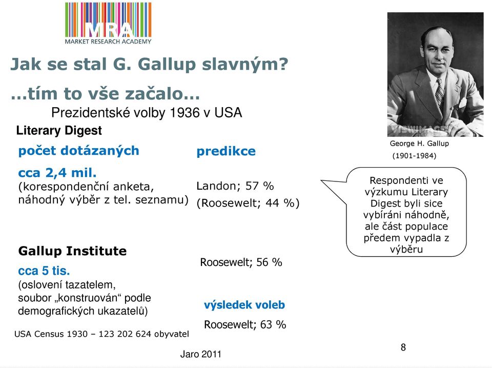 (oslovení tazatelem, soubor konstruován podle demografických ukazatelů) USA Census 1930 123 202 624 obyvatel predikce Landon; 57 %