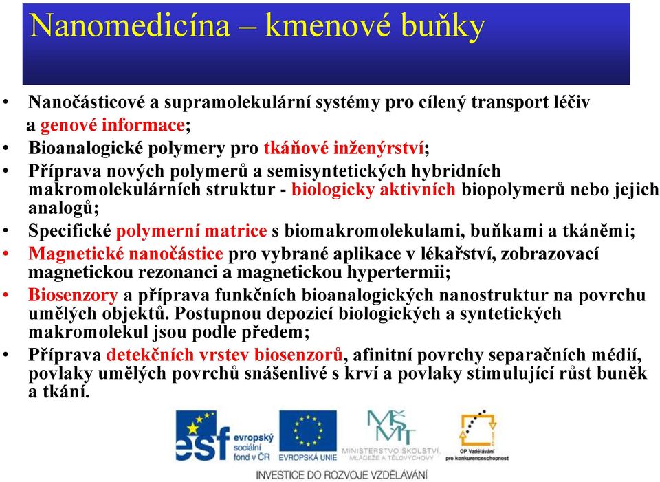 nanočástice pro vybrané aplikace v lékařství, zobrazovací magnetickou rezonanci a magnetickou hypertermii; Biosenzory a příprava funkčních bioanalogických nanostruktur na povrchu umělých objektů.