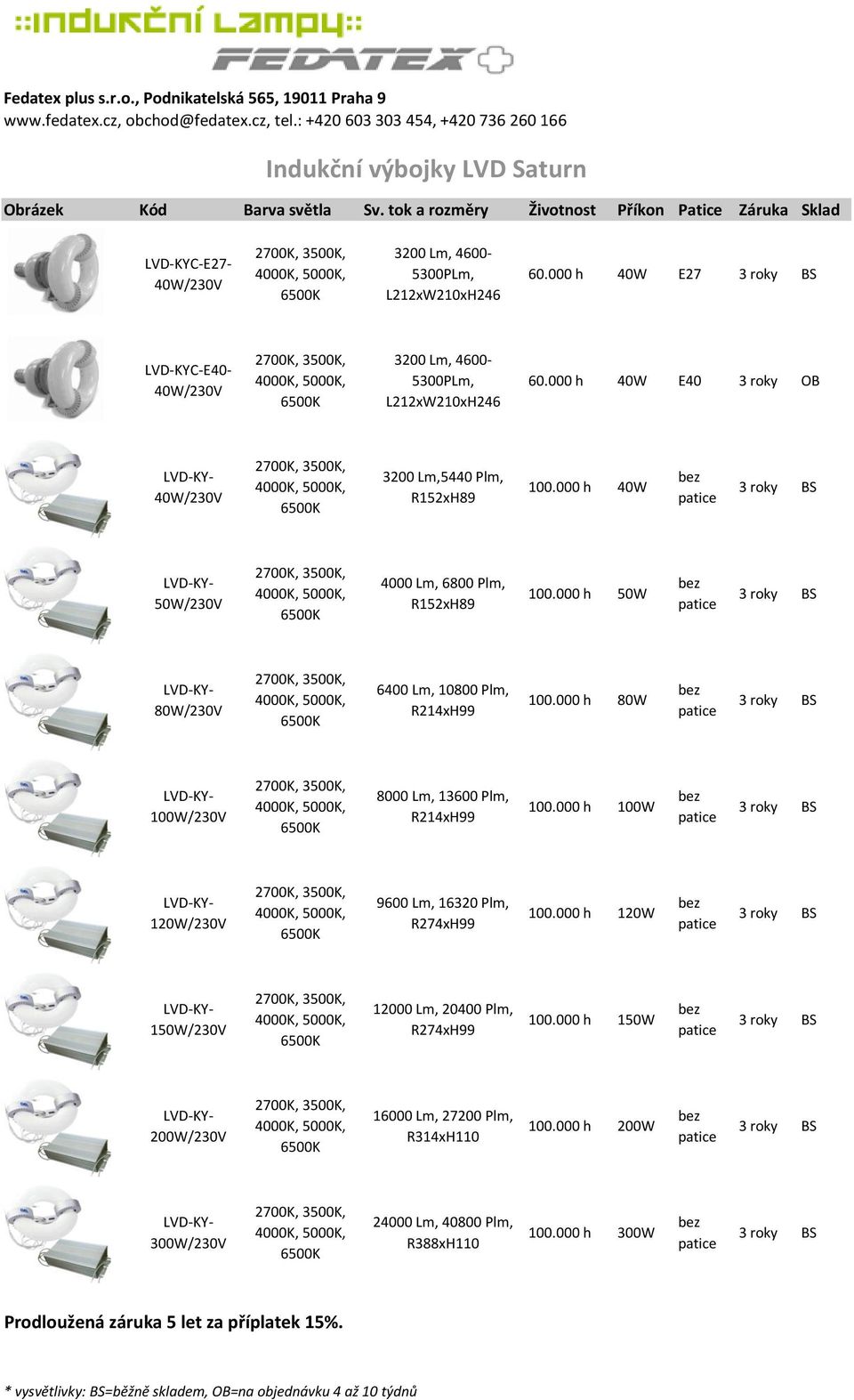 000 h 40W E27 3 roky BS LVD-KYC-E40-40W/230V 2700K, 3500K, 4000K, 5000K, 6500K 3200 Lm, 4600-5300PLm, L212xW210xH246 60.