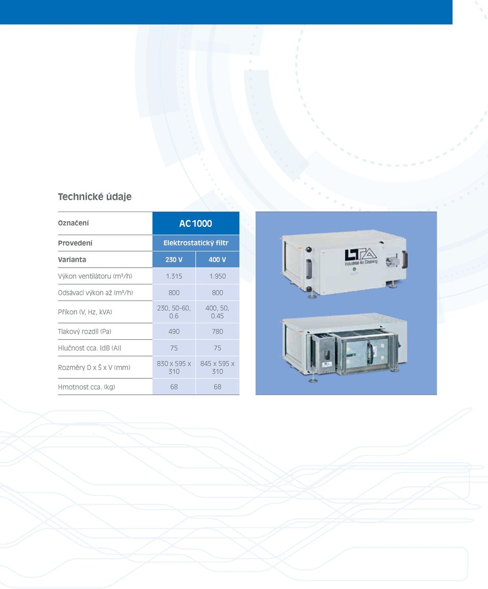 950 Odsávací výkon až (m³/h) 800 800 Příkon (V, Hz, kva) 230, 50-60, 0.6 400, 50, 0.
