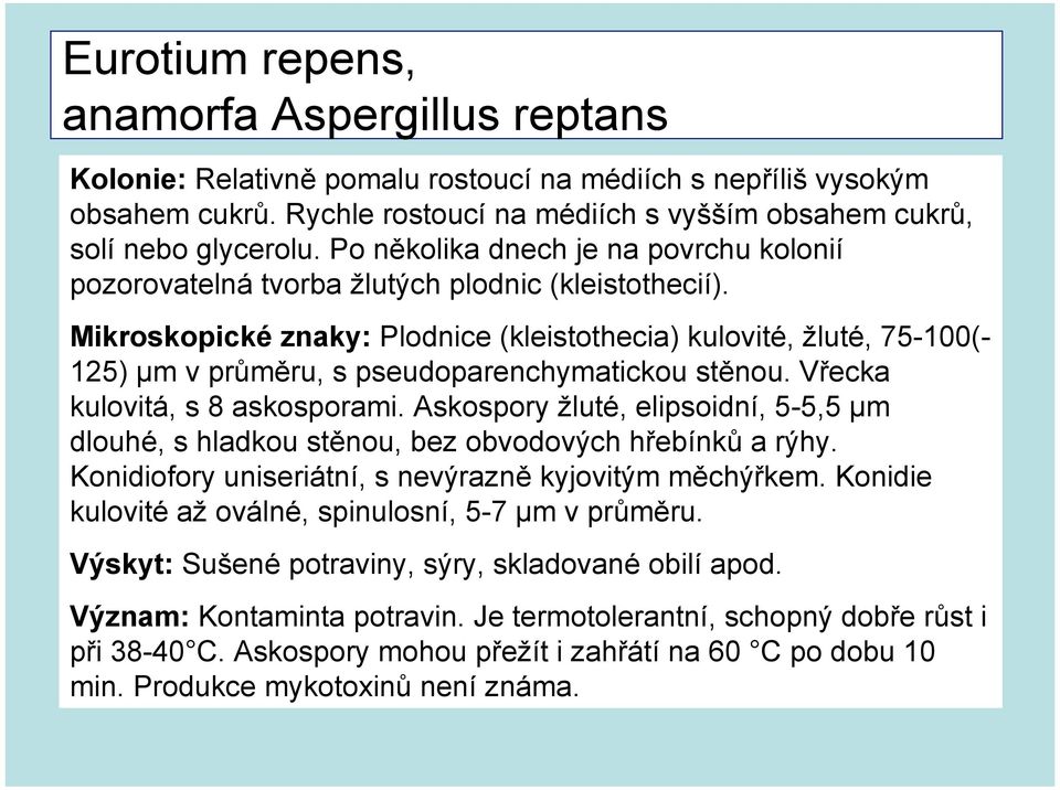 Mikroskopické znaky: Plodnice (kleistothecia) kulovité, žluté, 75-100(- 125) µm v průměru, s pseudoparenchymatickou stěnou. Vřecka kulovitá, s 8 askosporami.