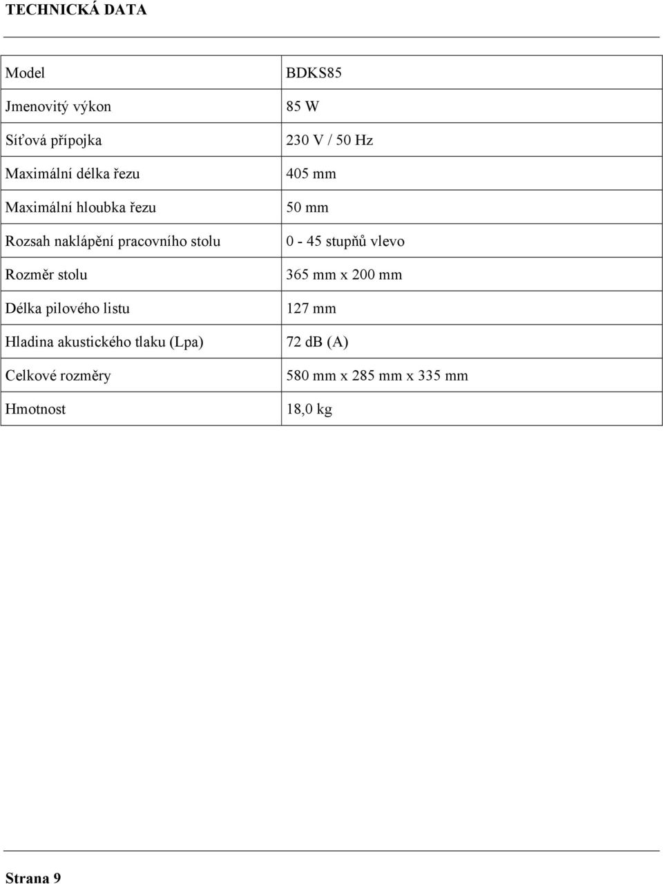 akustického tlaku (Lpa) Celkové rozměry Hmotnost BDKS85 85 W 230 V / 50 Hz 405 mm 50 mm