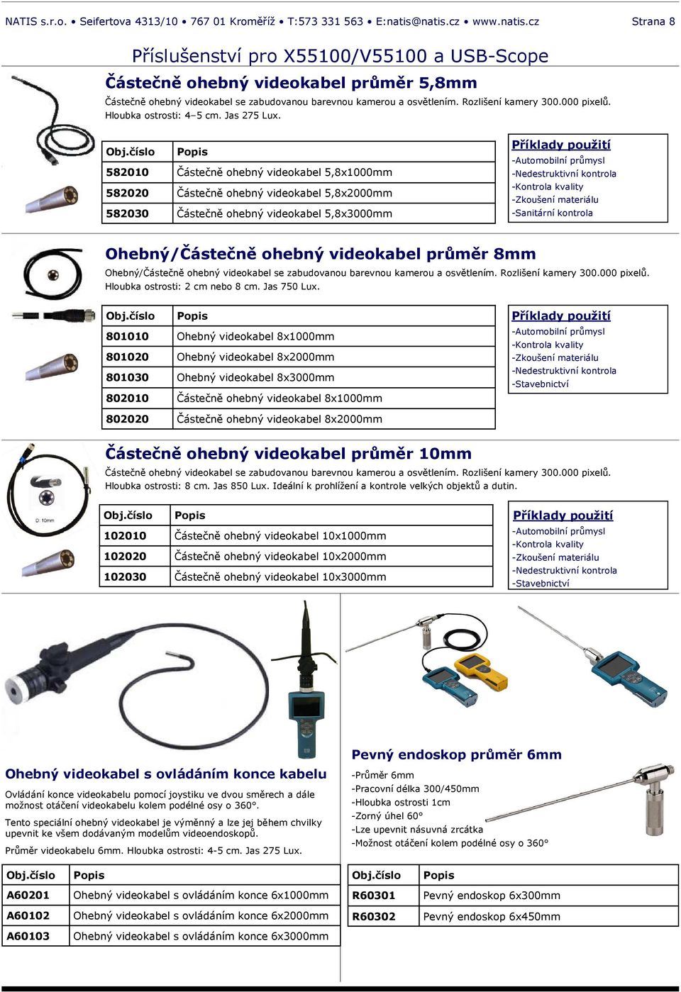 582010 Částečně ohebný videokabel 5,8x1000mm 582020 Částečně ohebný videokabel 5,8x2000mm 582030 Částečně ohebný videokabel 5,8x3000mm -Sanitární kontrola Ohebný/Částečně ohebný videokabel průměr 8mm