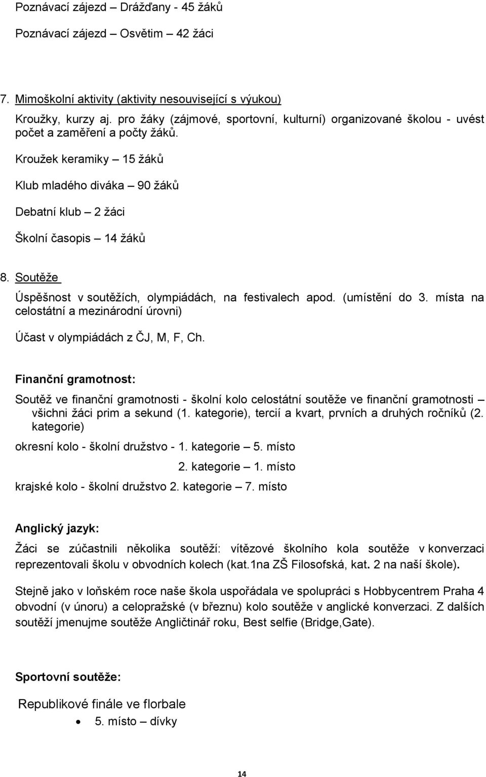 Soutěže Úspěšnost v soutěžích, olympiádách, na festivalech apod. (umístění do 3. místa na celostátní a mezinárodní úrovni) Účast v olympiádách z ČJ, M, F, Ch.