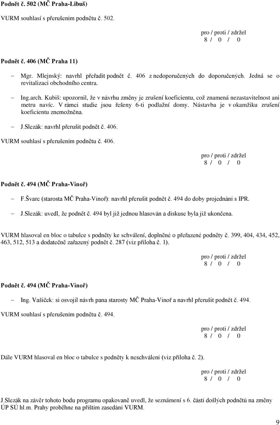 V rámci studie jsou řešeny 6-ti podlažní domy. Nástavba je v okamžiku zrušení koeficientu znemožněna. J.Slezák: navrhl přerušit podnět č. 406. VURM souhlasí s přerušením podnětu č. 406. Podnět č.