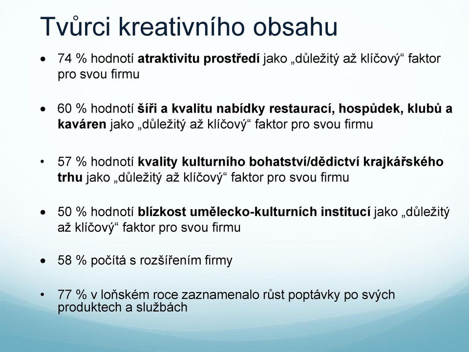 bohatství/dědictví krajkářského trhu jako důležitý až klíčový faktor pro svou firmu 50 % hodnotí blízkost umělecko-kulturních institucí