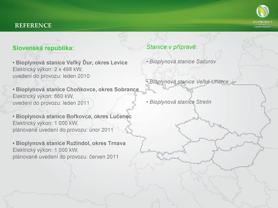 Sačurov Bioplynová stanice Veľké Uherce Bioplynová stanice Strelin Bioplynová stanice Boľkovce, okres Lučenec Elektrický výkon: 1 000 kw,