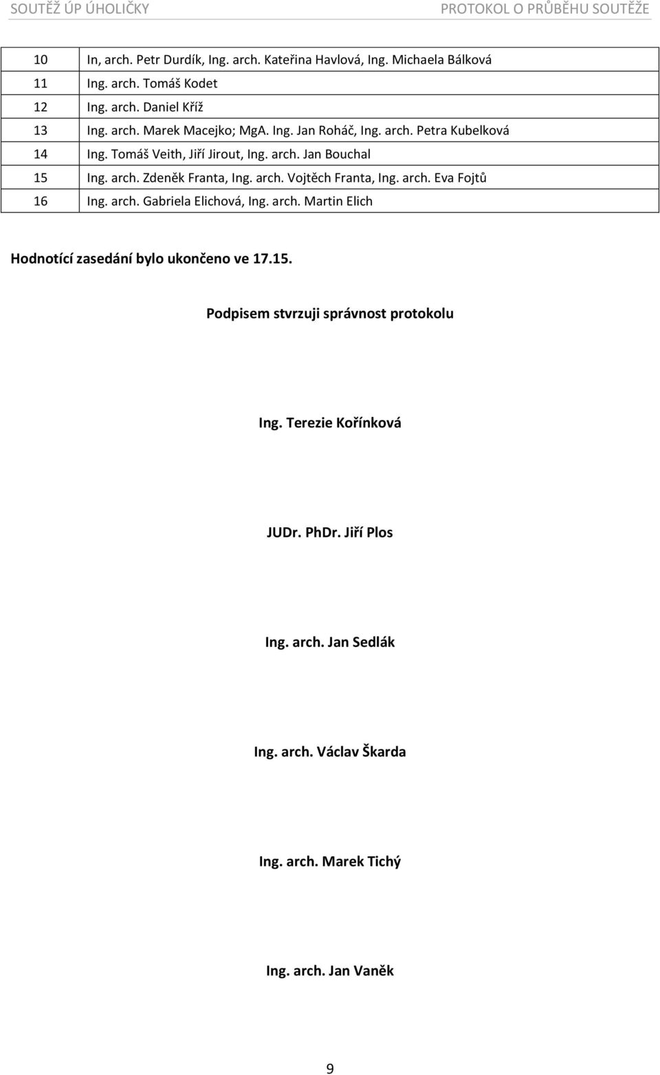 arch. Eva Fojtů 16 Ing. arch. Gabriela Elichová, Ing. arch. Martin Elich Hodnotící zasedání bylo ukončeno ve 17.15.