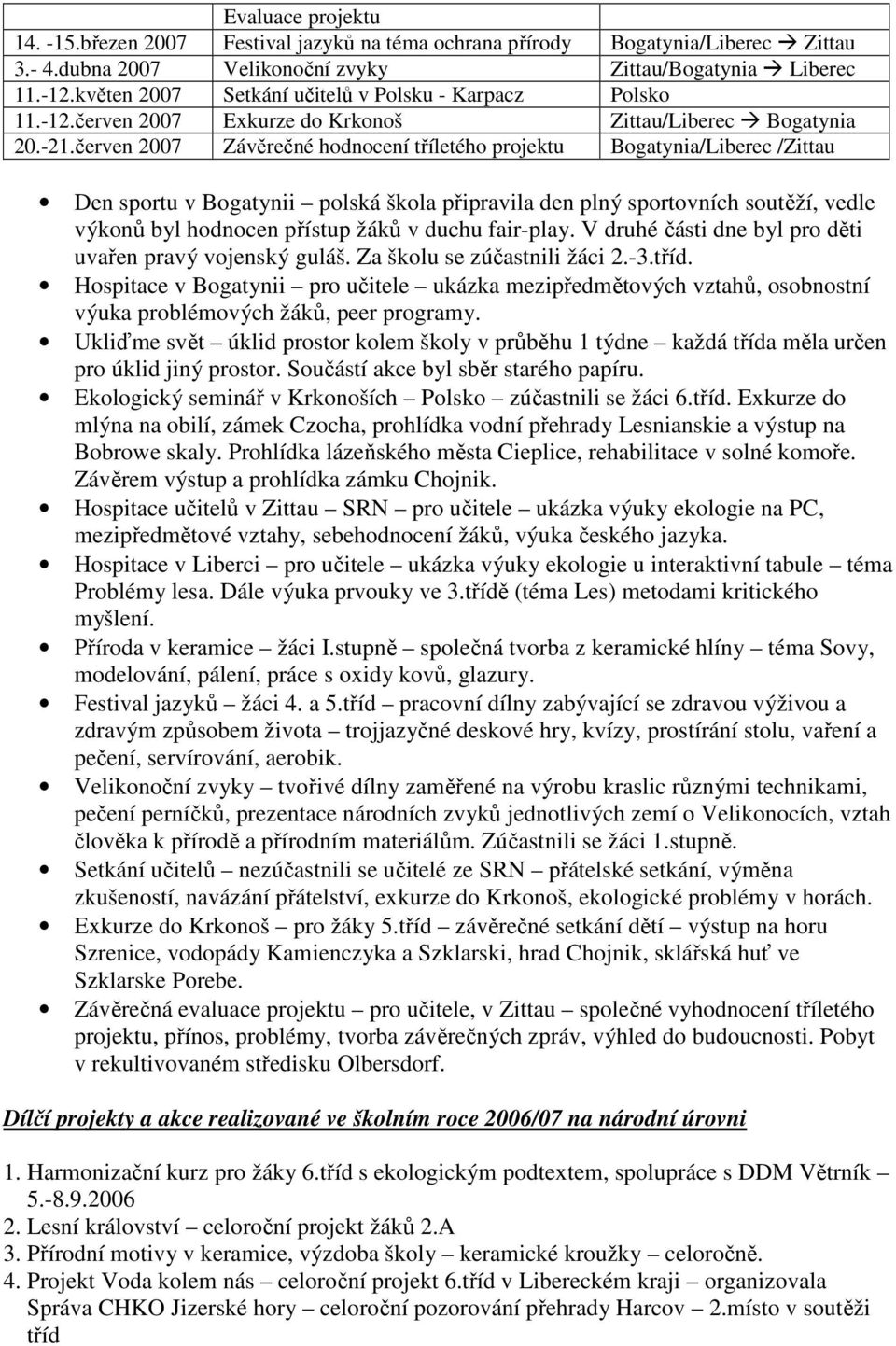 červen 2007 Závěrečné hodnocení tříletého projektu Bogatynia/Liberec /Zittau Den sportu v Bogatynii polská škola připravila den plný sportovních soutěží, vedle výkonů byl hodnocen přístup žáků v