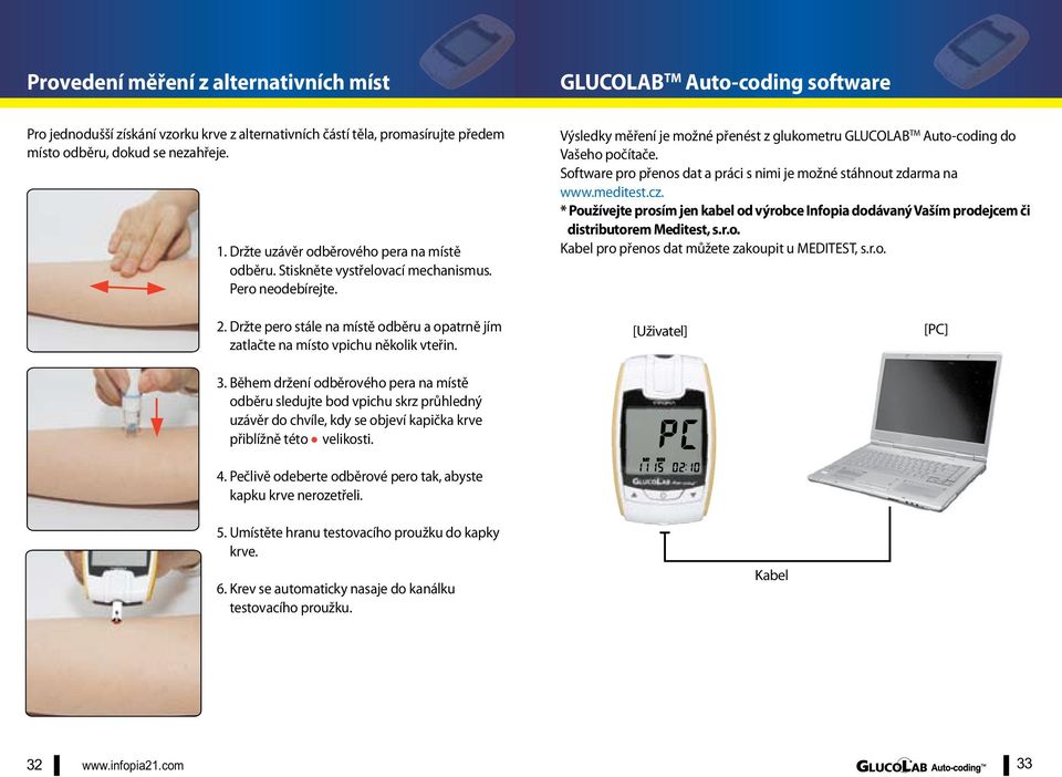 Software pro přenos dat a práci s nimi je možné stáhnout zdarma na www.meditest.cz. * Používejte prosím jen kabel od výrobce Infopia dodávaný Vaším prodejcem či distributorem Meditest, s.r.o. Kabel pro přenos dat můžete zakoupit u MEDITEST, s.