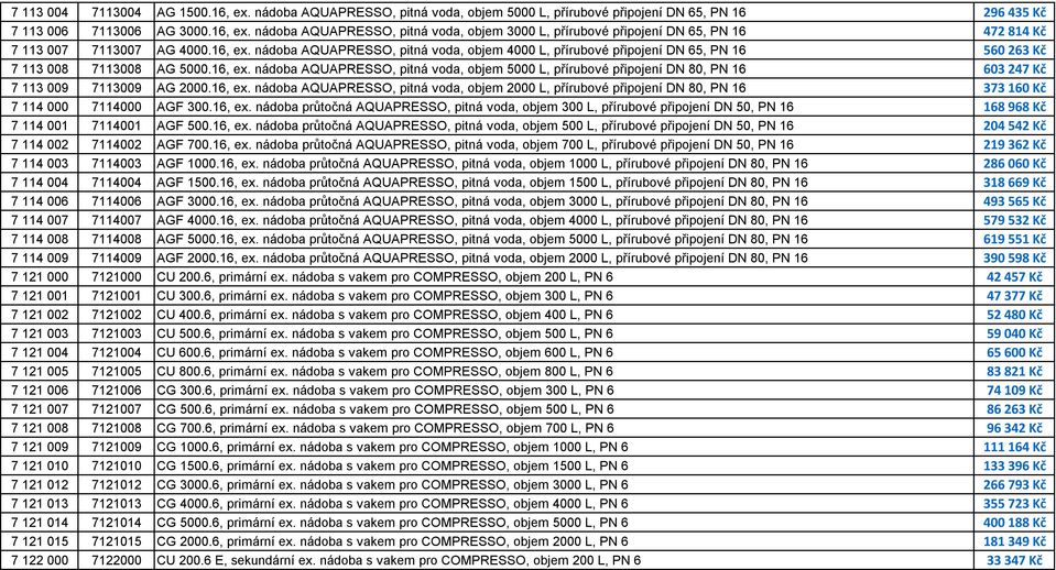 16, ex. nádoba AQUAPRESSO, pitná voda, objem 2000 L, přírubové připojení DN 80, PN 16 373 160 Kč 7 114 000 7114000 AGF 300.16, ex. nádoba průtočná AQUAPRESSO, pitná voda, objem 300 L, přírubové připojení DN 50, PN 16 168 968 Kč 7 114 001 7114001 AGF 500.