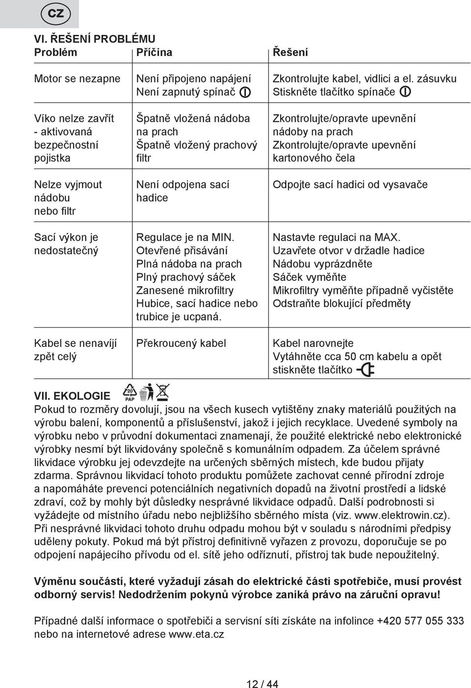 Zkontrolujte/opravte upevnění pojistka filtr kartonového čela Nelze vyjmout Není odpojena sací Odpojte sací hadici od vysavače nádobu hadice nebo filtr Sací výkon je Regulace je na MIN.