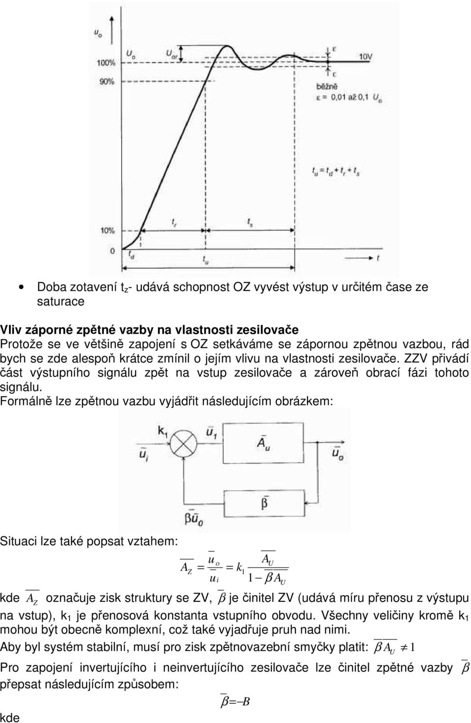Formálně lze zpětnou vazbu vyjádřit následujícím obrázkem: Situaci lze také popsat vztahem: A u O Z = = i u AU k1 1 β A kde A Z označuje zisk struktury se ZV, β je činitel ZV (udává míru přenosu z