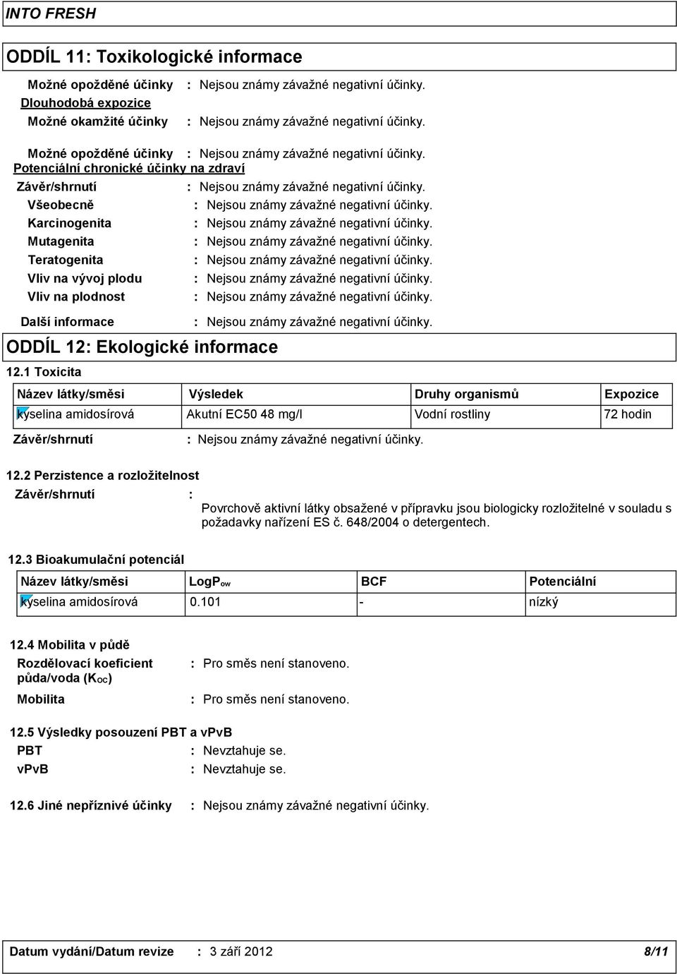 1 Toxicita Název látky/směsi Výsledek Druhy organismů Expozice kyselina amidosírová Akutní EC50 48 mg/l Vodní rostliny 72 hodin 12.