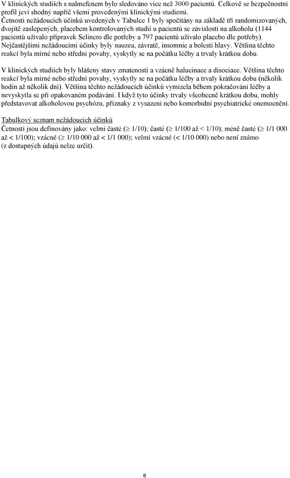 pacientů užívalo přípravek Selincro dle potřeby a 797 pacientů užívalo placebo dle potřeby). Nejčastějšími nežádoucími účinky byly nauzea, závratě, insomnie a bolesti hlavy.