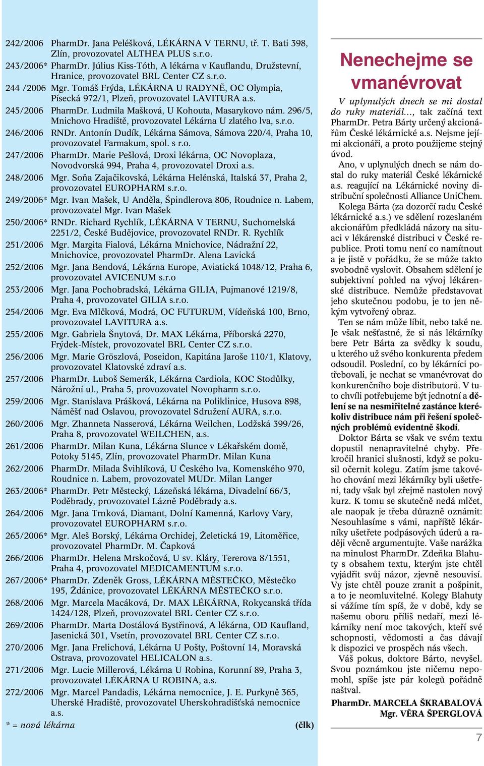 s. 245/2006 PharmDr. Ludmila Ma ková, U Kohouta, Masarykovo nám. 296/5, Mnichovo Hradi tû, provozovatel Lékárna U zlatého lva, s.r.o. 246/2006 RNDr.