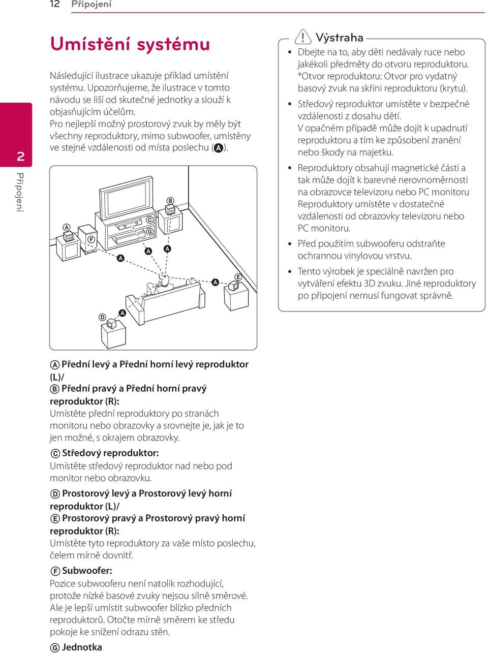 návodu se liší od skutečné D jednotky a slouží k y Středový reproduktor umístěte v bezpečné objasňujícím účelům. vzdálenosti z dosahu dětí.