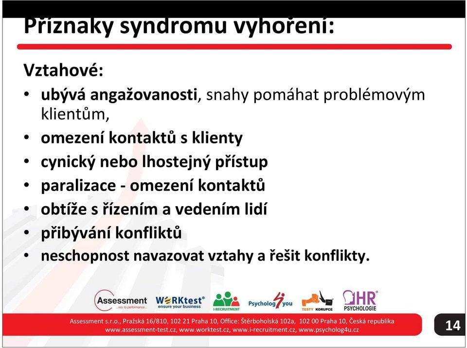 konfliktů neschopnost navazovat vztahy a řešit konflikty. Assessment s.r.o., Pražská 6/80, 02 2 Praha 0, Office: Štěrboholská 02a, 02 00 Praha 0, Česká republika www.