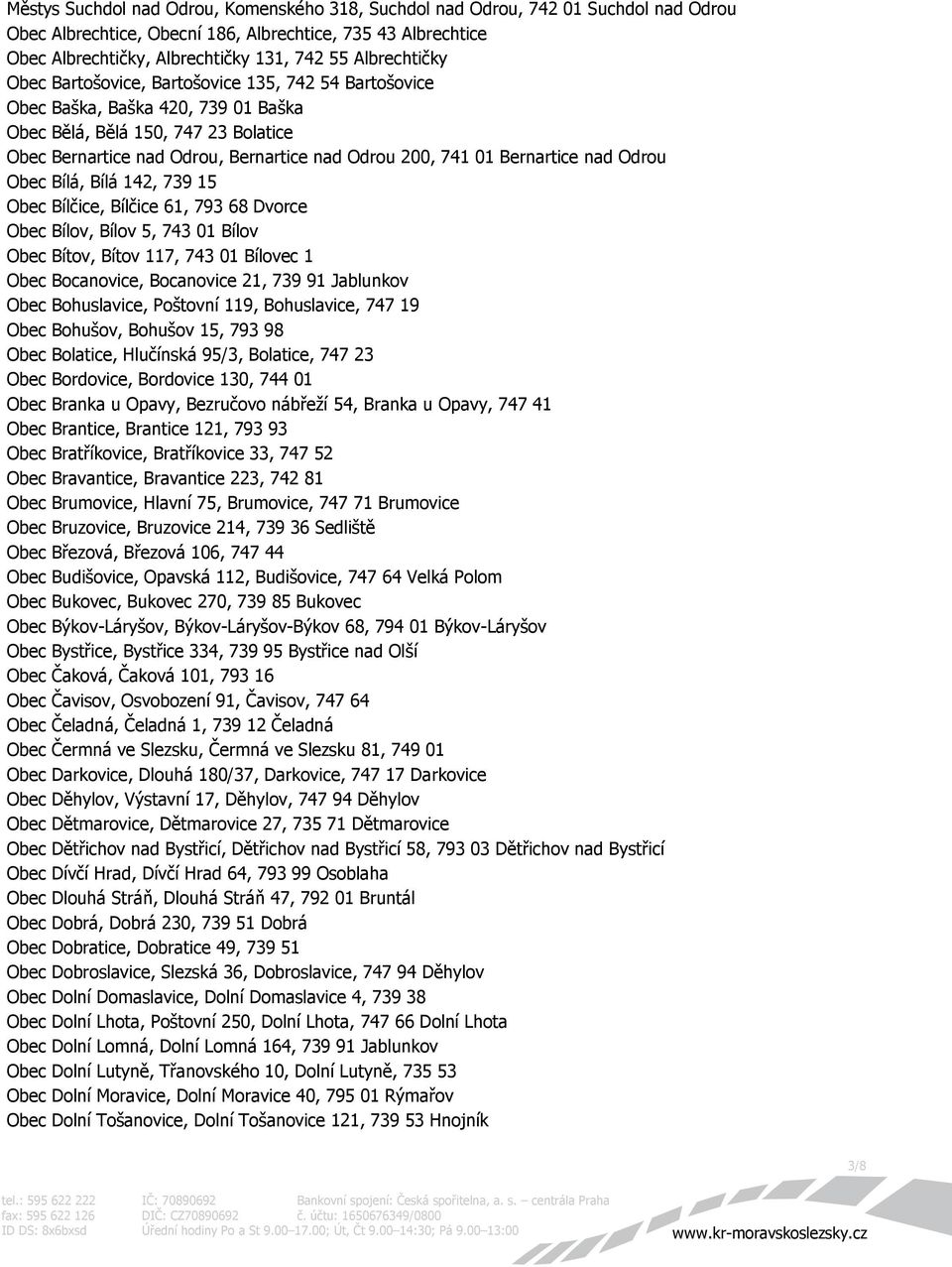 Bernartice nad Odrou Obec Bílá, Bílá 142, 739 15 Obec Bílčice, Bílčice 61, 793 68 Dvorce Obec Bílov, Bílov 5, 743 01 Bílov Obec Bítov, Bítov 117, 743 01 Bílovec 1 Obec Bocanovice, Bocanovice 21, 739