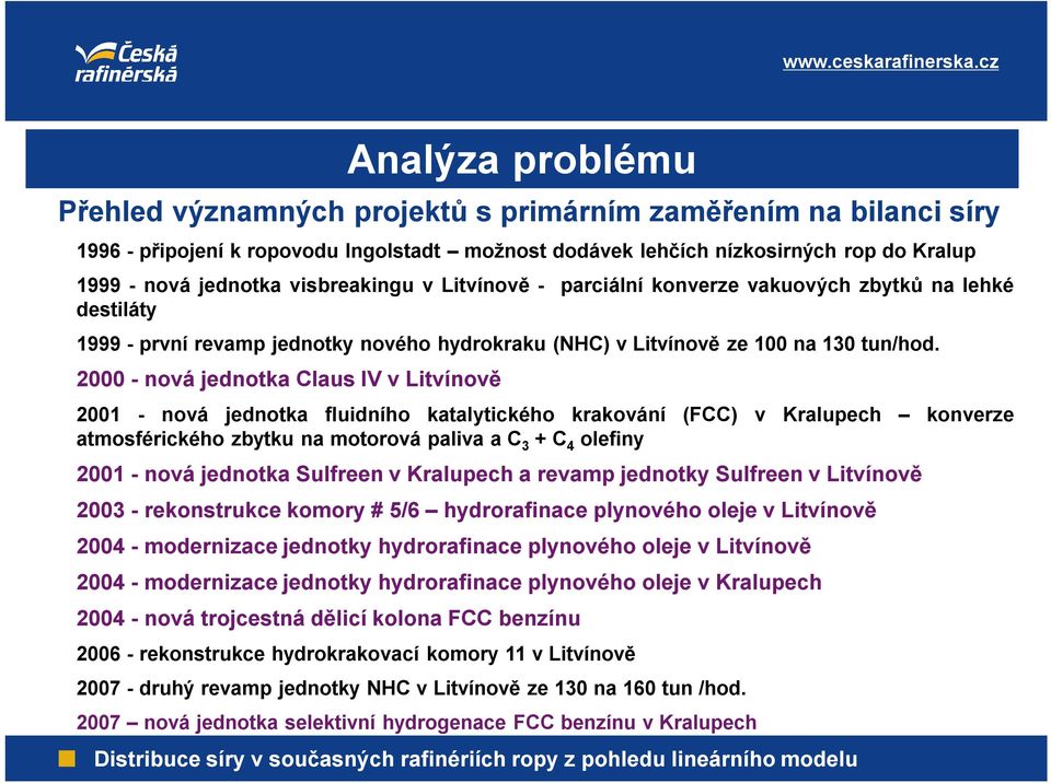 2000 -nová jednotka Claus IV vlitvínově Analýza problému 2001 - nová jednotka fluidního katalytického krakování (FCC) v Kralupech konverze atmosférického zbytku na motorová paliva ac 3 +C 4 olefiny