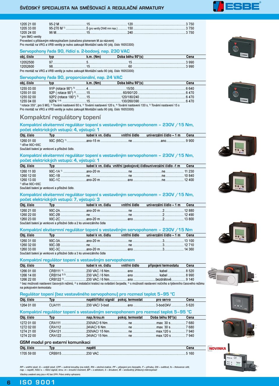 číslo 16053300) Servopohony řada 90, řídící s. 2-bodový, nap. 230 VA obj. číslo typ k.m. (Nm) Doba běhu 90 (s) ena 12052500 97...5... 15... 3 990 12052600 98...15... 60.
