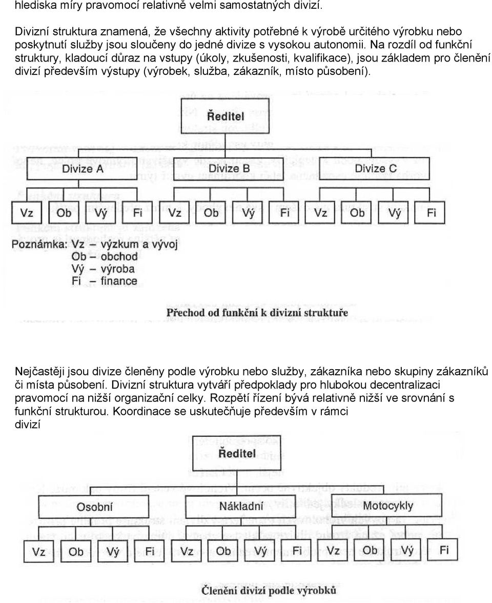 Na rozdíl od funkční struktury, kladoucí důraz na vstupy (úkoly, zkušenosti, kvalifikace), jsou základem pro členění divizí především výstupy (výrobek, služba, zákazník, místo