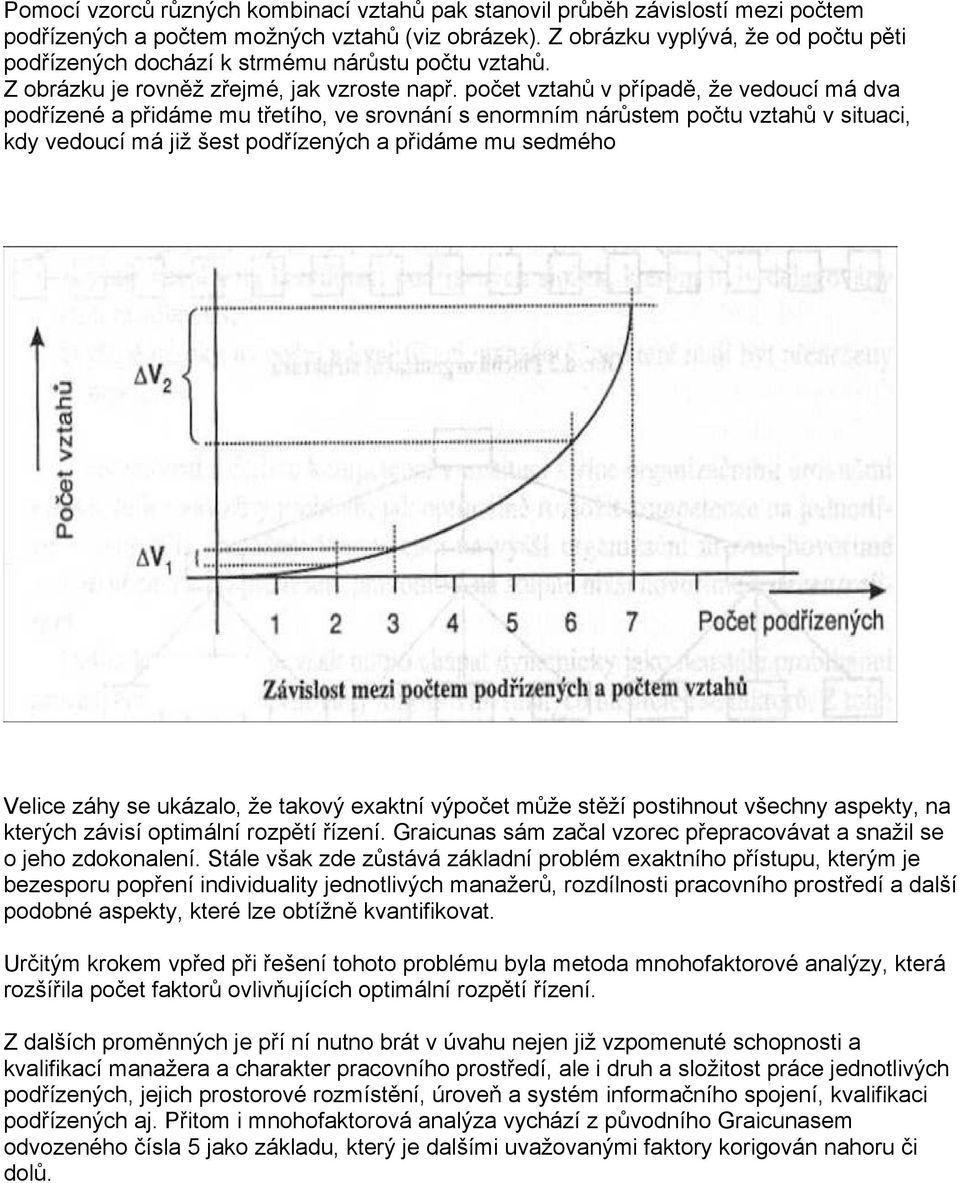 počet vztahů v případě, že vedoucí má dva podřízené a přidáme mu třetího, ve srovnání s enormním nárůstem počtu vztahů v situaci, kdy vedoucí má již šest podřízených a přidáme mu sedmého Velice záhy