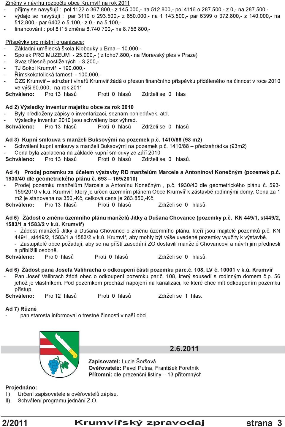 756 800,- Příspěvky pro místní organizace: - Základní umělecká škola Klobouky u Brna 10.000,- - Spolek PRO MUZEUM - 25.000,- ( z toho7.800,- na Moravský ples v Praze) - Svaz tělesně postižených - 3.