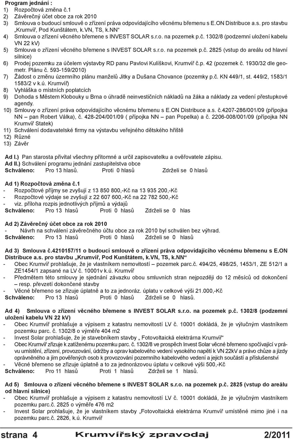 1302/8 (podzemní uložení kabelu VN 22 kv) 5) Smlouva o zřízení věcného břemene s INVEST SOLAR s.r.o. na pozemek p.č.