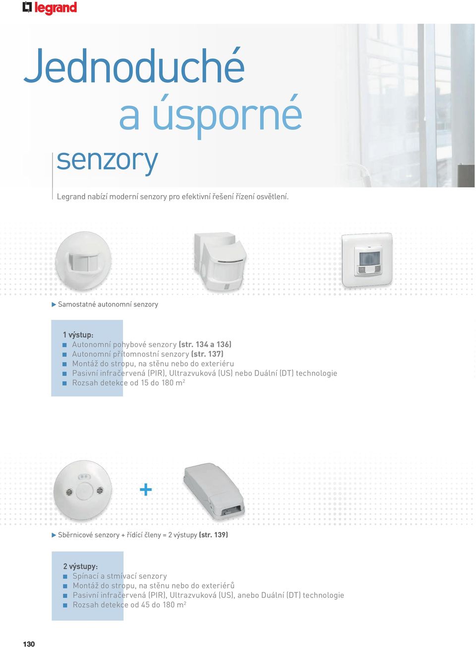 137) Montáž do stropu, na stěnu nebo do exteriéru Pasivní infračervená (PIR), Ultrazvuková (US) nebo Duální (DT) technologie Rozsah detekce od 15 do 180 m 2