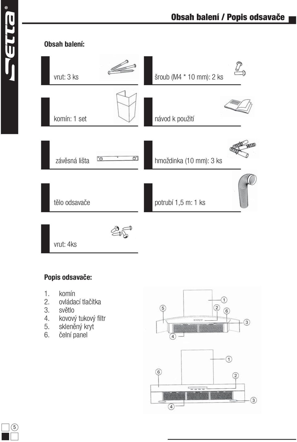 tělo odsavače potrubí 1,5 m: 1 ks vrut: 4ks Popis odsavače: 1. komín 2.