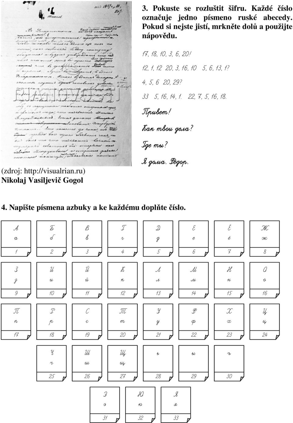 22, 7, 5, 16, 18. Привет! Как твои дела? Где ты? Я дома. Фёдор. 4. Napište písmena azbuky a ke každému doplňte číslo.