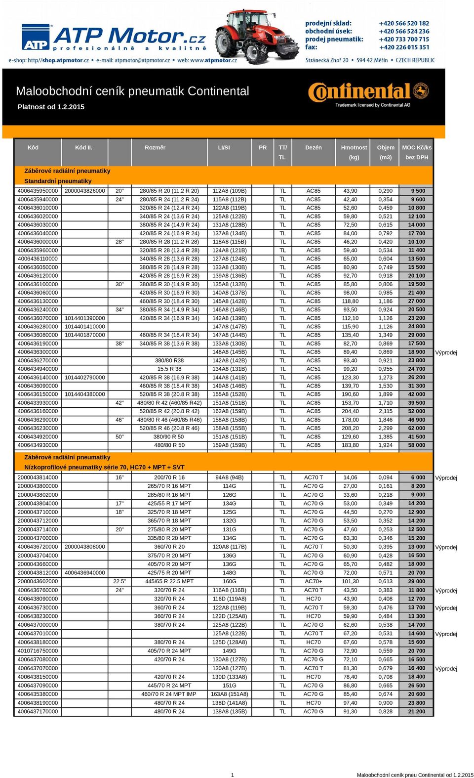 6 R 24) 125A8 (122B) TL AC85 59,80 0,521 12 100 4006436030000 380/85 R 24 (14.9 R 24) 131A8 (128B) TL AC85 72,50 0,615 14 000 4006436040000 420/85 R 24 (16.