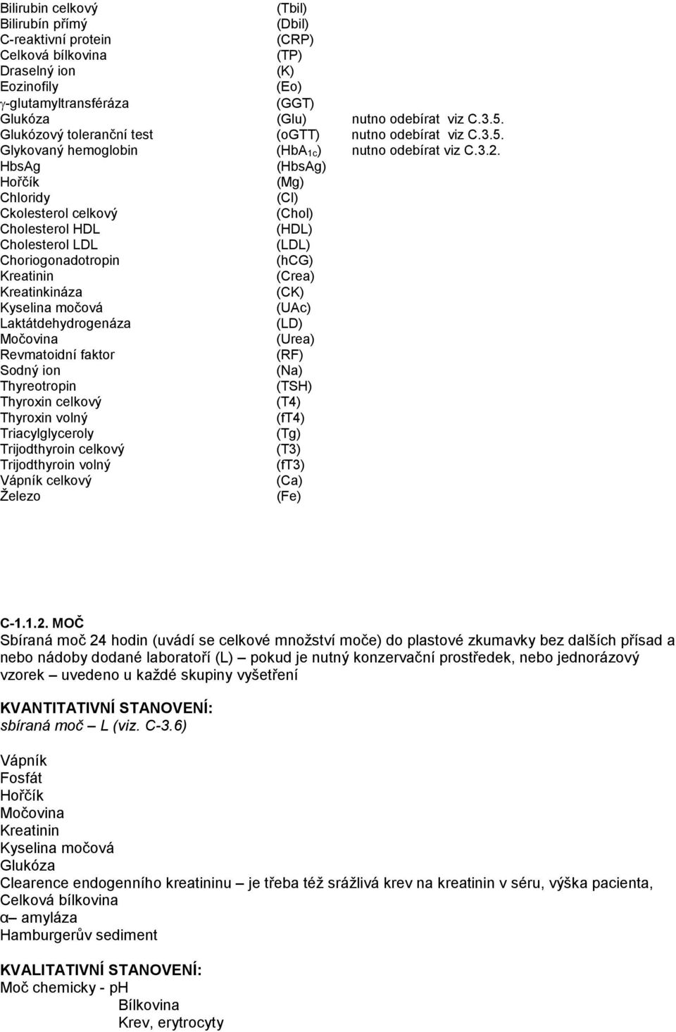 HbsAg (HbsAg) Hořčík (Mg) Chloridy (Cl) Ckolesterol celkový (Chol) Cholesterol HDL (HDL) Cholesterol LDL (LDL) Choriogonadotropin (hcg) Kreatinin (Crea) Kreatinkináza (CK) Kyselina močová (UAc)