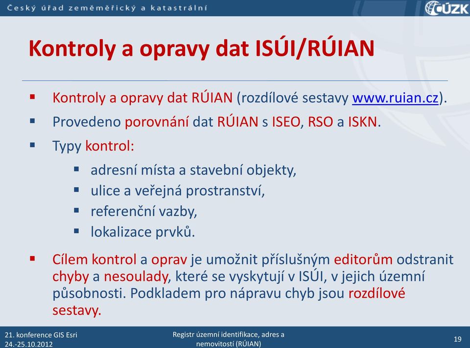 Typy kontrol: adresní místa a stavební objekty, ulice a veřejná prostranství, referenční vazby, lokalizace prvků.