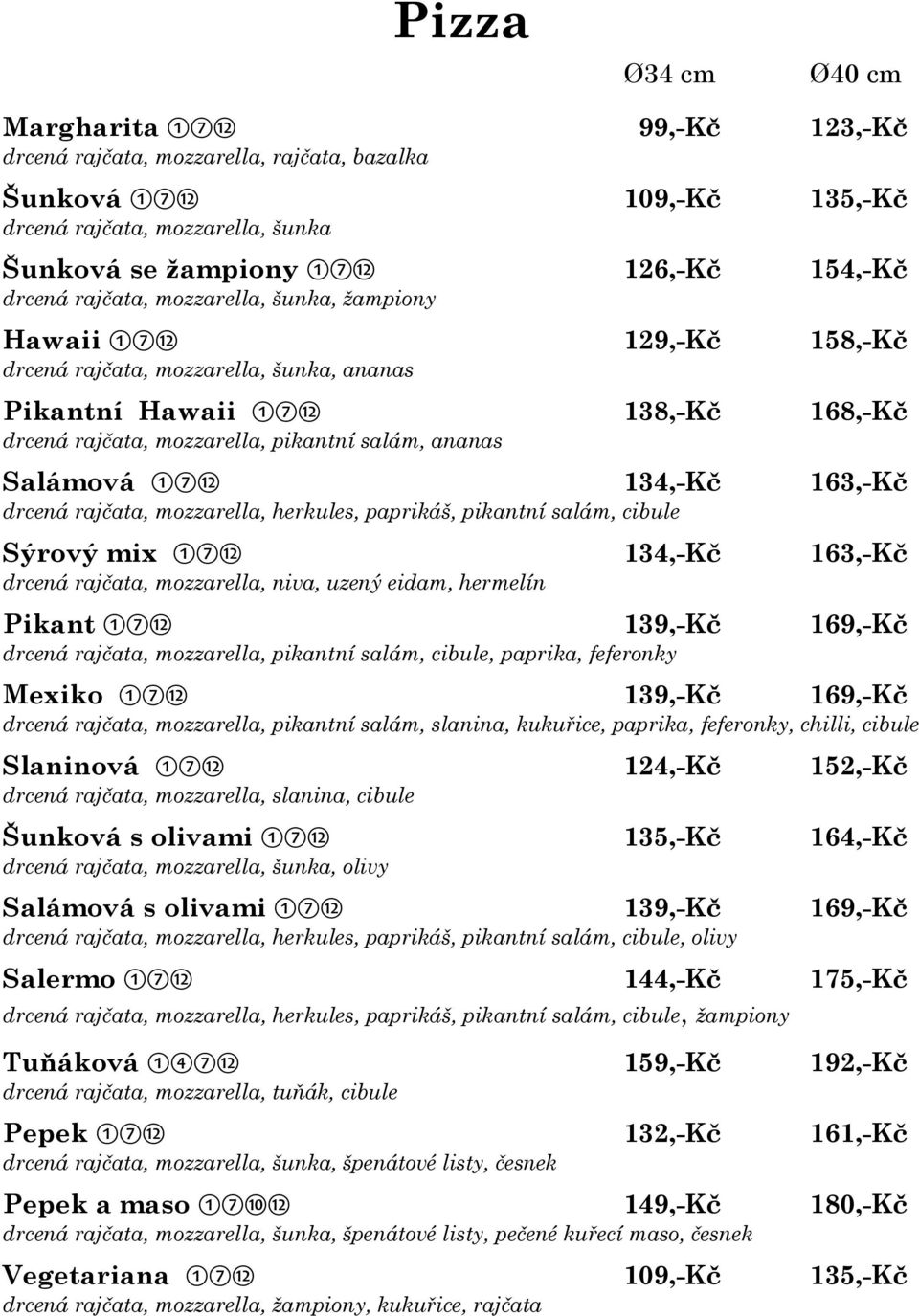 ananas Salámová 1712 134,-Kč 163,-Kč drcená rajčata, mozzarella, herkules, paprikáš, pikantní salám, cibule Sýrový mix 1712 134,-Kč 163,-Kč drcená rajčata, mozzarella, niva, uzený eidam, hermelín