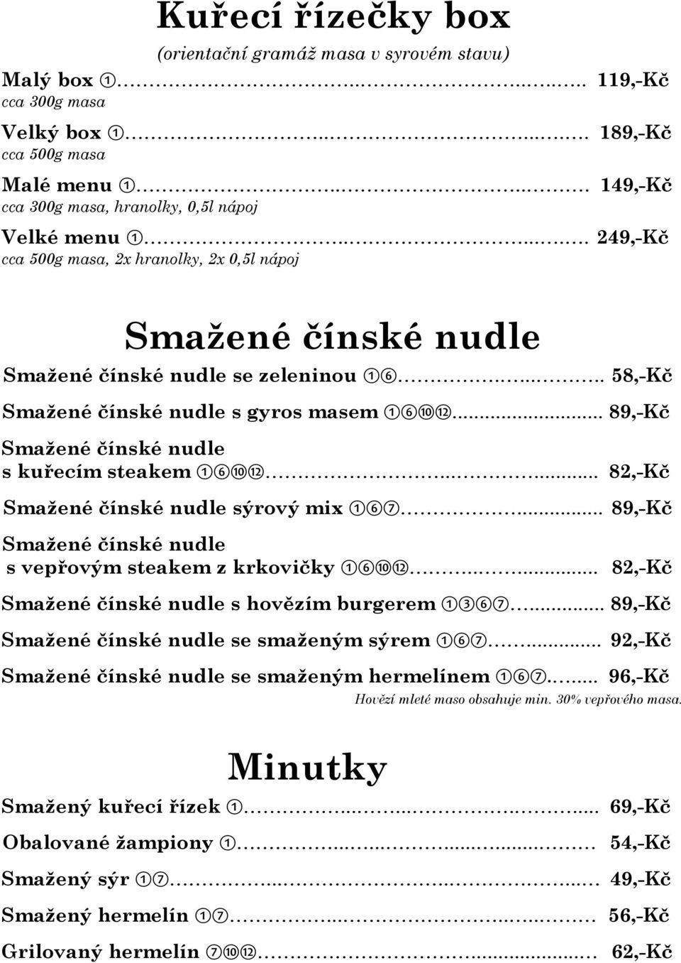 ..... 58,-Kč Smažené čínské nudle s gyros masem 161012... 89,-Kč Smažené čínské nudle s kuřecím steakem 161012...... 82,-Kč Smažené čínské nudle sýrový mix 167.