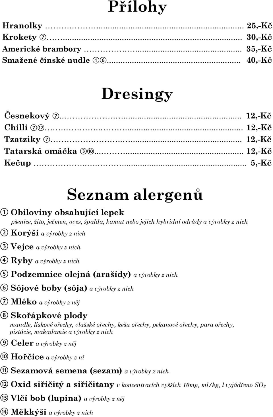 ..... 5,-Kč Seznam alergenů 1 Obiloviny obsahující lepek pšenice, žito, ječmen, oves, špalda, kamut nebo jejich hybridní odrůdy a výrobky z nich 2 Korýši a výrobky z nich 3 Vejce a výrobky z nich 4