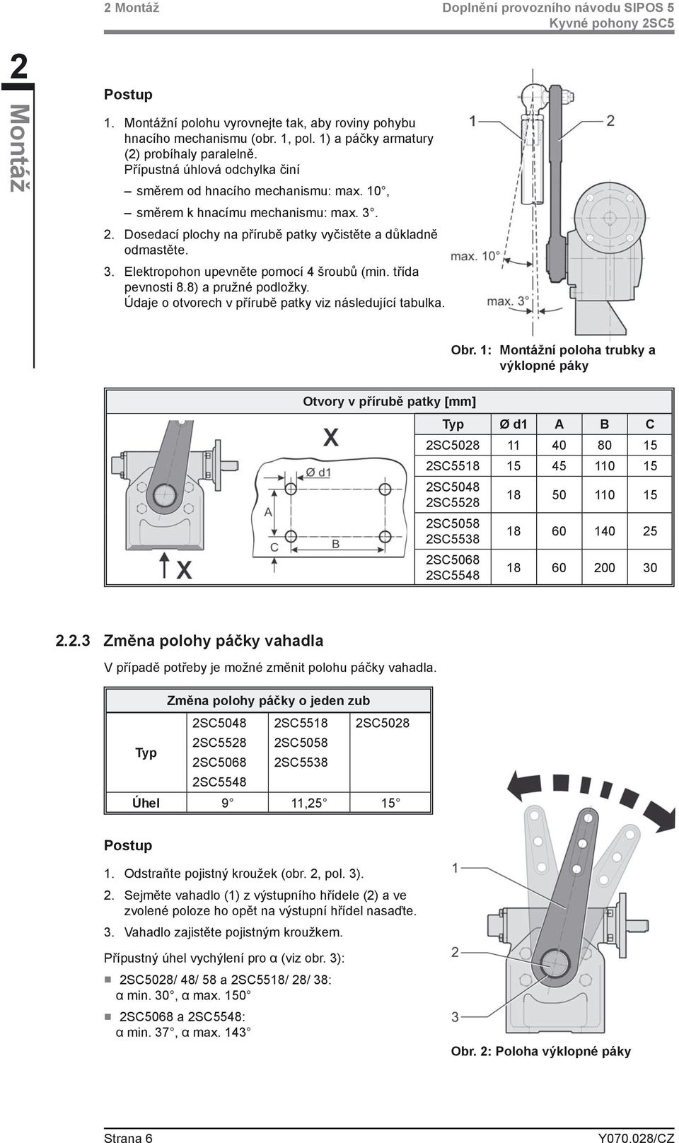 třída pevnosti 8.8) a pružné podložky. Údaje o otvorech v přírubě patky viz následující tabulka. Obr.