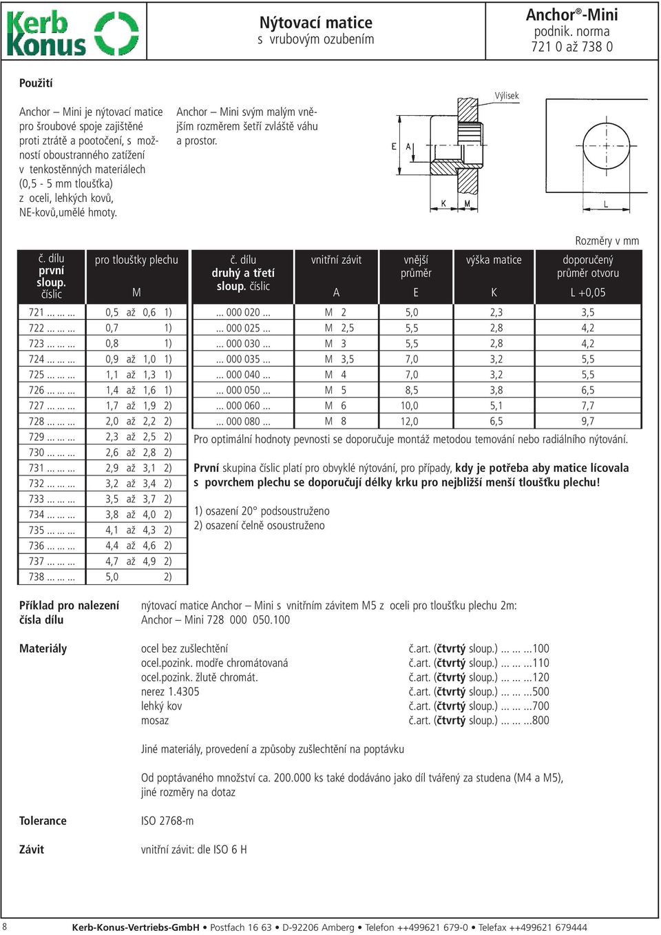 oceli, lehkých kovů, NE-kovů,umělé hmoty. Anchor Mini svým malým vnějším rozměrem šetří zvláště váhu a prostor. Výlisek č. dílu první sloup. číslic 721......... 722......... 723......... 724......... 725.