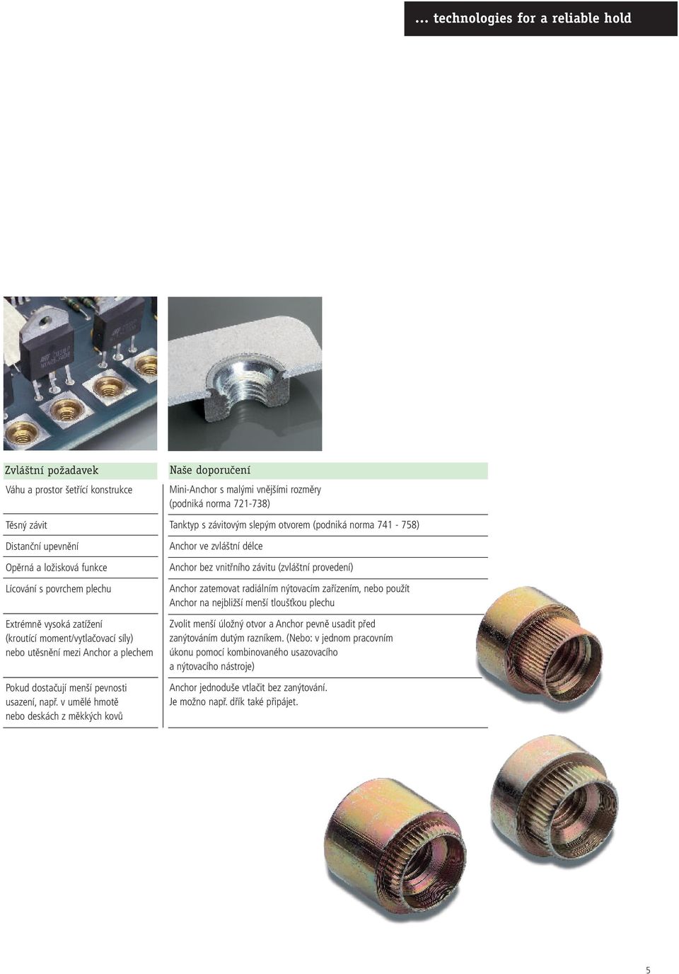 v umělé hmotě nebo deskách z měkkých kovů Na e doporuãení Mini-Anchor s malými vnějšími rozměry (podniká norma 721-738) Tanktyp s závitovým slepým otvorem (podniká norma 741-758) Anchor ve zvláštní