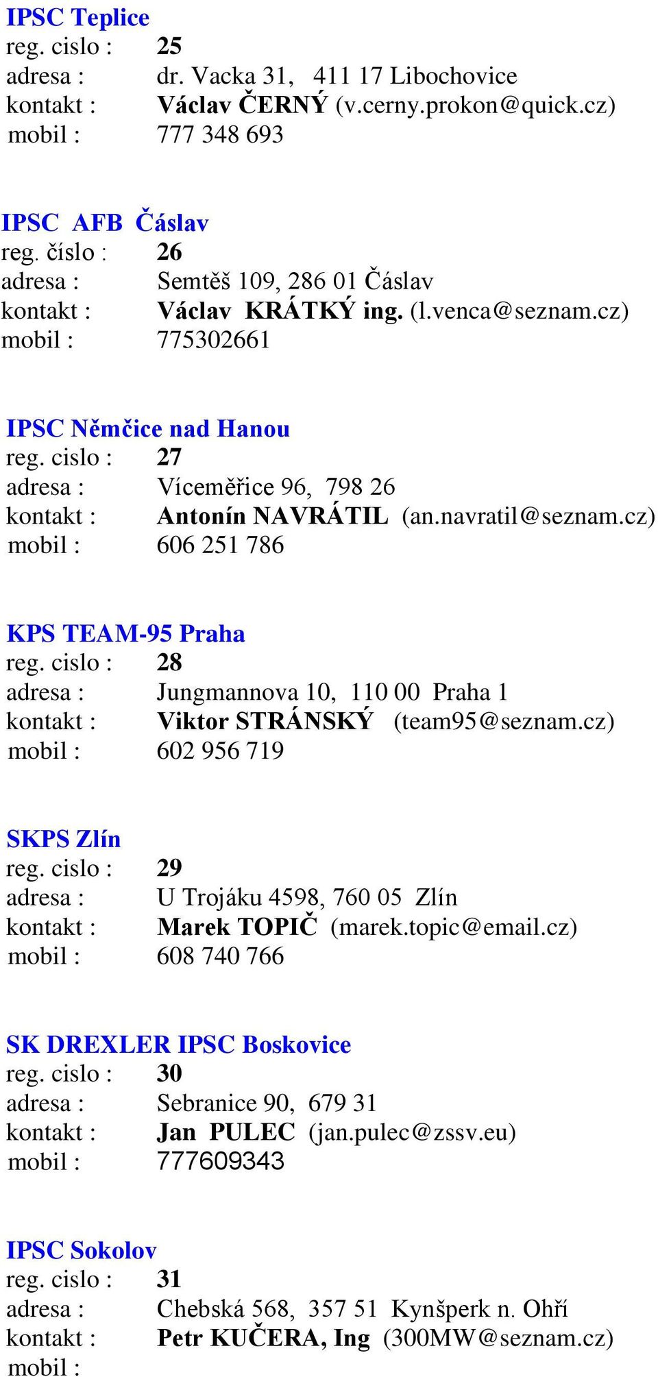 cislo : 27 adresa : Víceměřice 96, 798 26 kontakt : Antonín NAVRÁTIL (an.navratil@seznam.cz) mobil : 606 251 786 KPS TEAM-95 Praha reg.